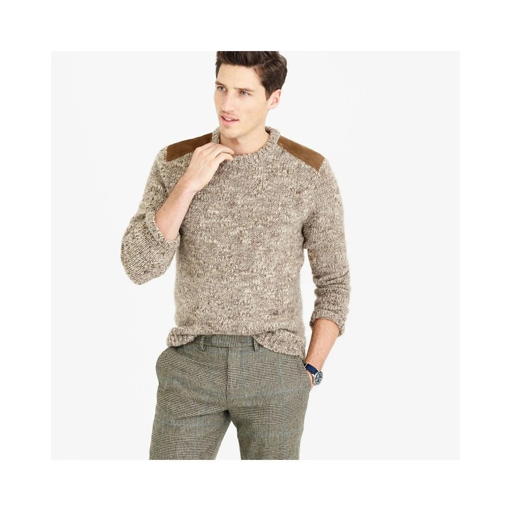 J. Crew Sweater Mens S Tan Brown Wool Alpaca Leather Shoulder Patch Crewneck
